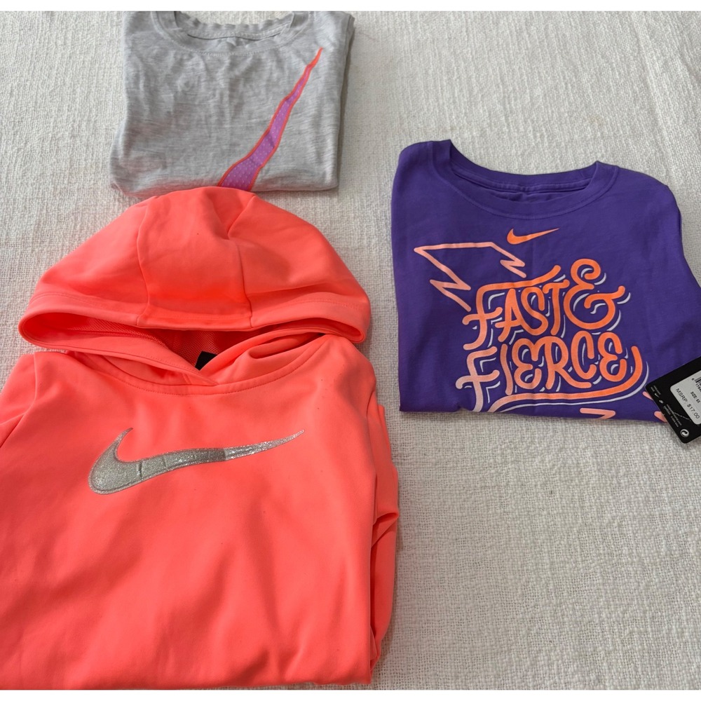 Nike Girls 3 Piece Bundle Neon Pink Hoodie Grey & Purple T-Shirts Size 6 6X
